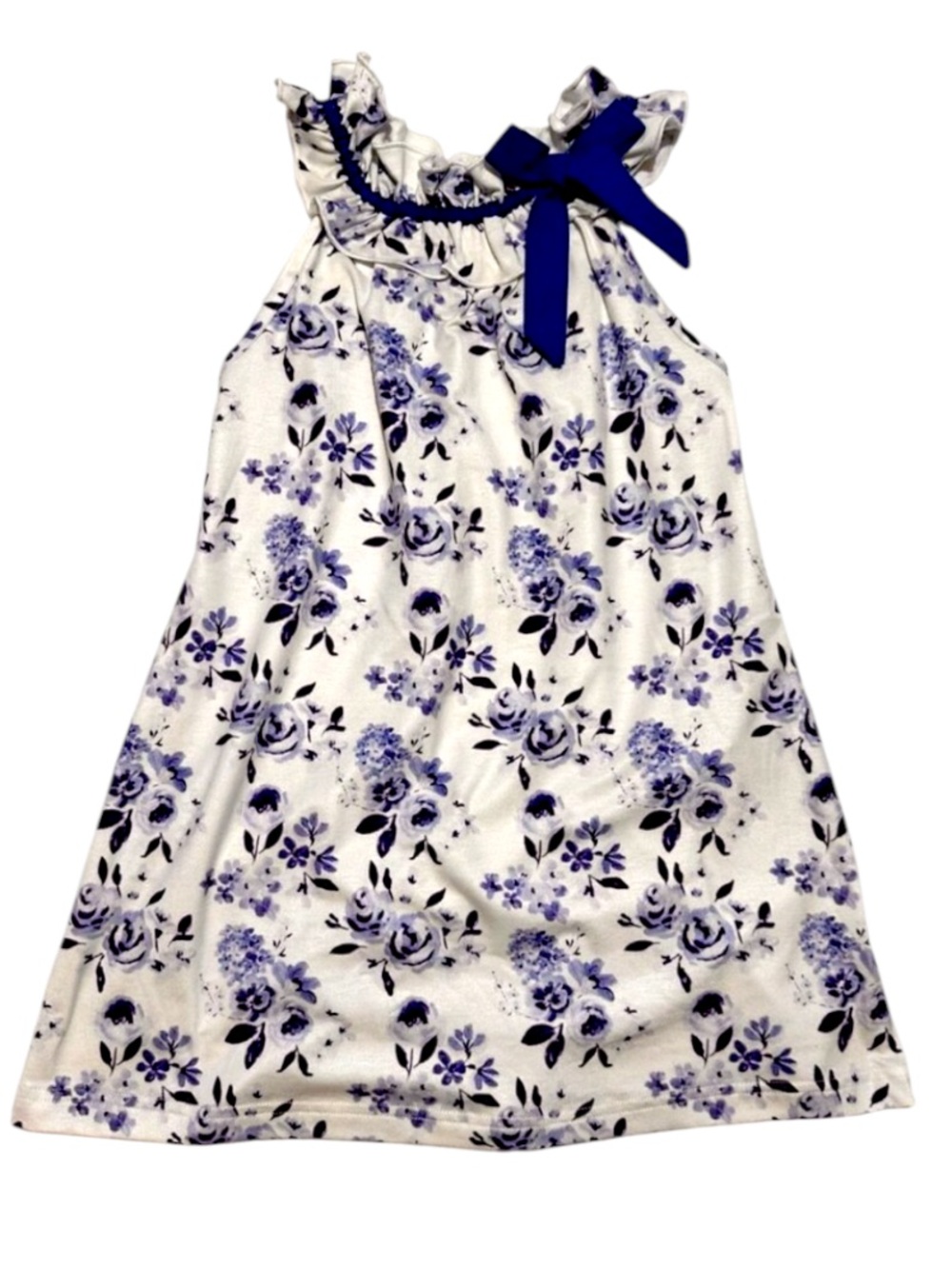 EUC Busy Bees Smocks blue floral knit dress with ruffle bow collar 3t